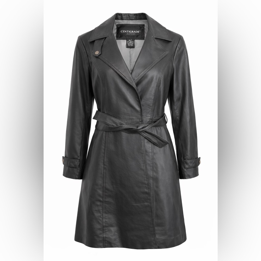 Vintage Centigrade Black Leather Jacket‎ Size S Midlength Tie Waist Peacoat Y2K